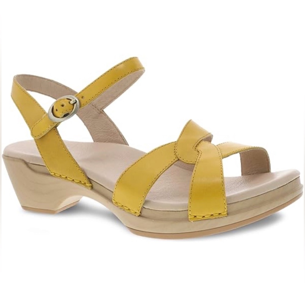 Dansko Yellow Karmen Burnished Calf Ladies Ankle Strap Wedge Sandals